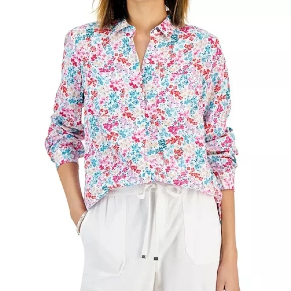 Charter Club Linen Floral Roll Tab Button Down Top